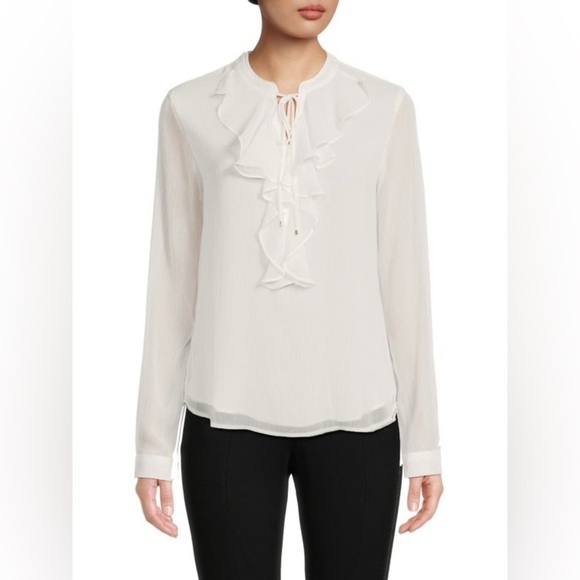 Tommy Hilfiger Tops - TOMMY HILFIGER Women's Classic Long Sleeve Ruffle Front Blouse - Ivory